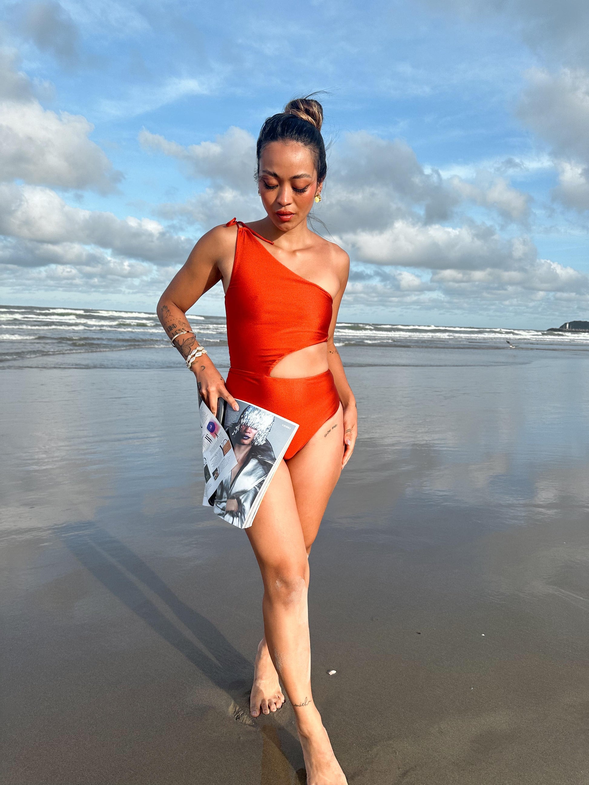 One Shoulder Swimsuit Terracotta 83% Polyester, 17% Spandex