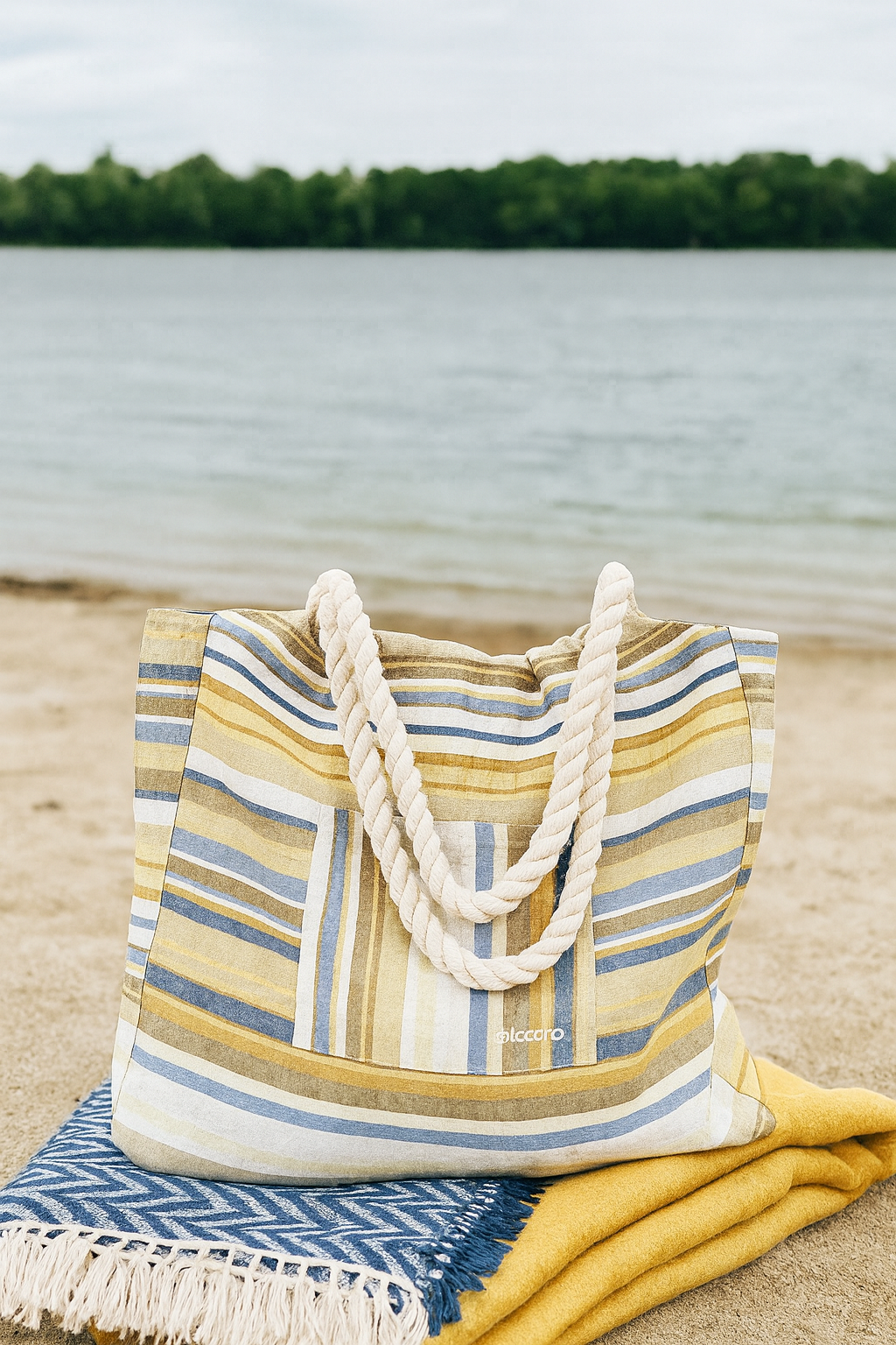 Canvas Beach Bag Waterproof,Yellow Strip 72% Cotton 28%Polyester
