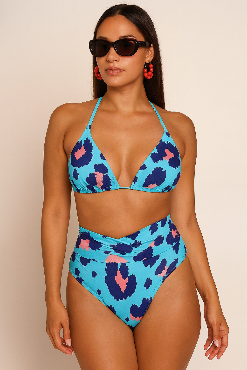 Sky Blue Leopard Print Bikini Set – High-Waisted with Adjustable Top