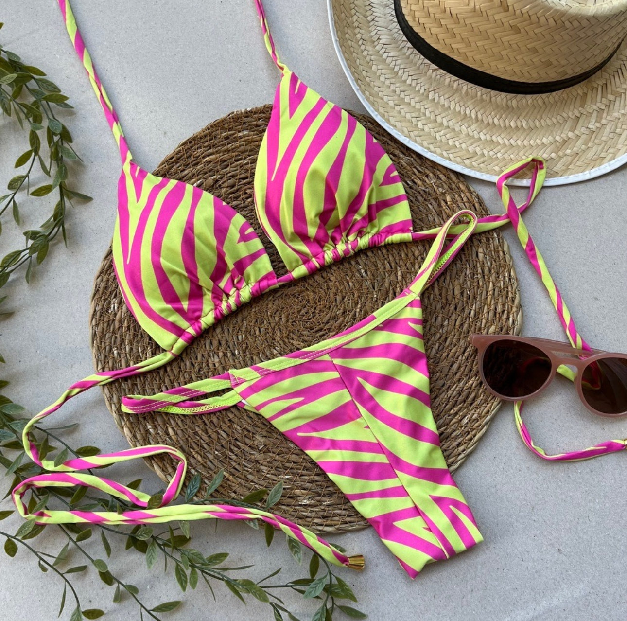 Pink & Lime Green Zebra Stripe Bikini Set – Bold, Trendy, and Ready for Summer