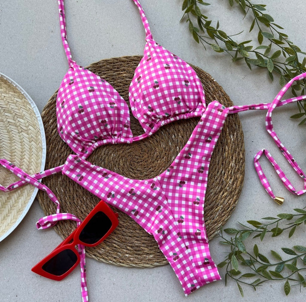 Pink Gingham Cherry Print Bikini Set – Sweet, Stylish & Summer-Ready