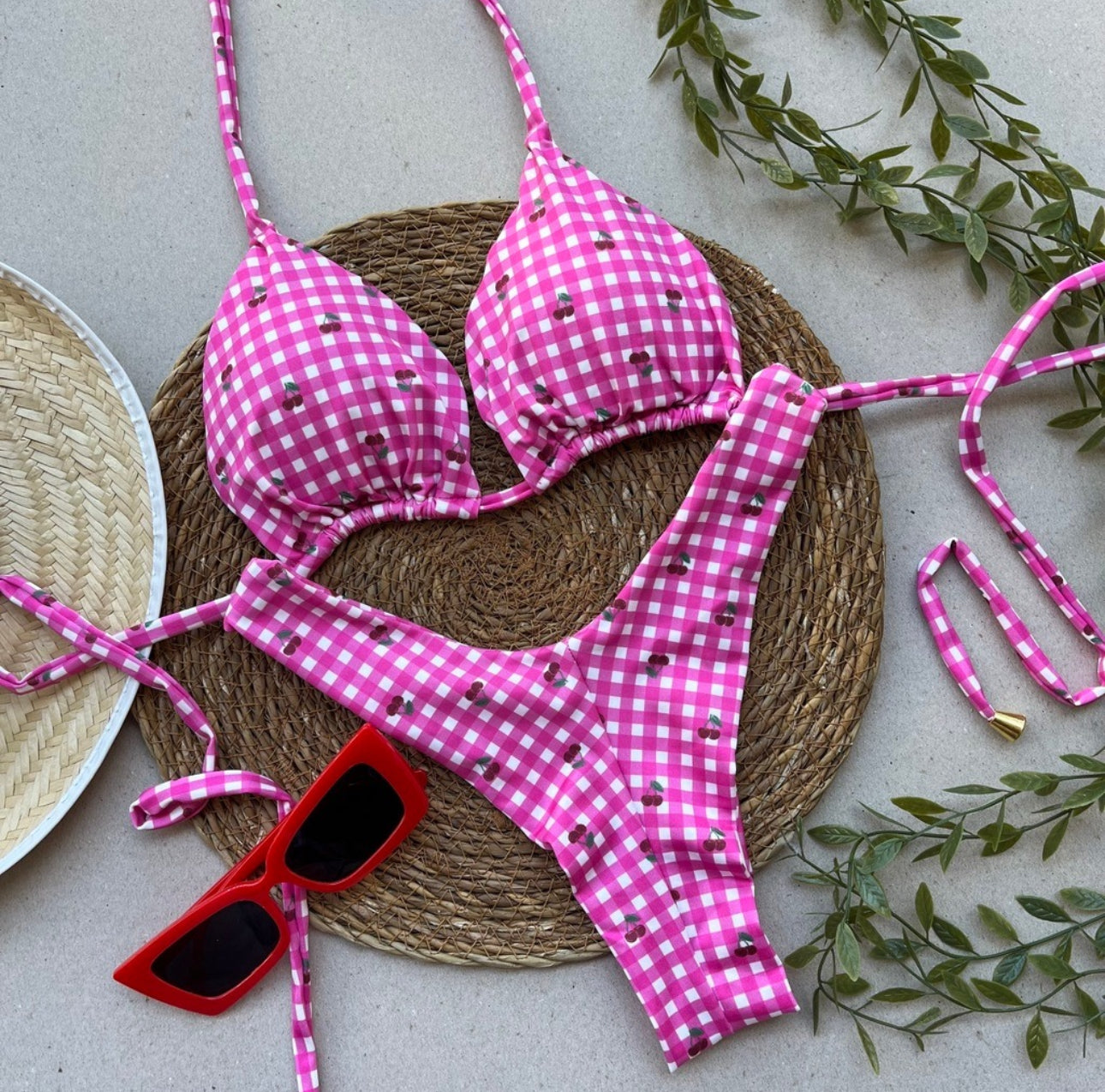 Pink Gingham Cherry Print Bikini Set – Sweet, Stylish & Summer-Ready