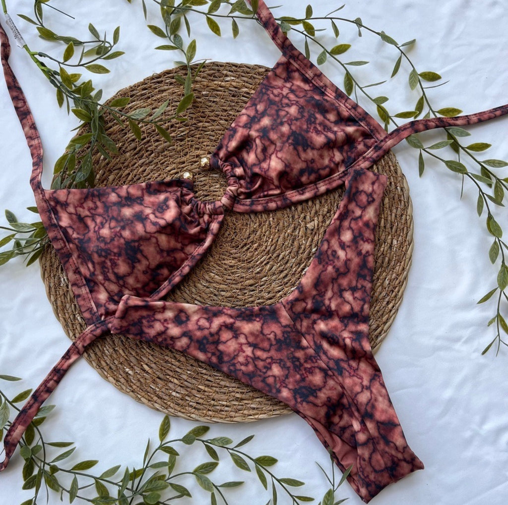 Marbled Print Bikini Set – Stretchy, Comfortable & Earth-Tone Swimwear