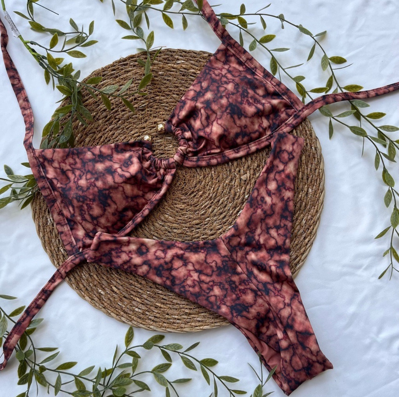 Marbled Print Bikini Set – Stretchy, Comfortable & Earth-Tone Swimwear