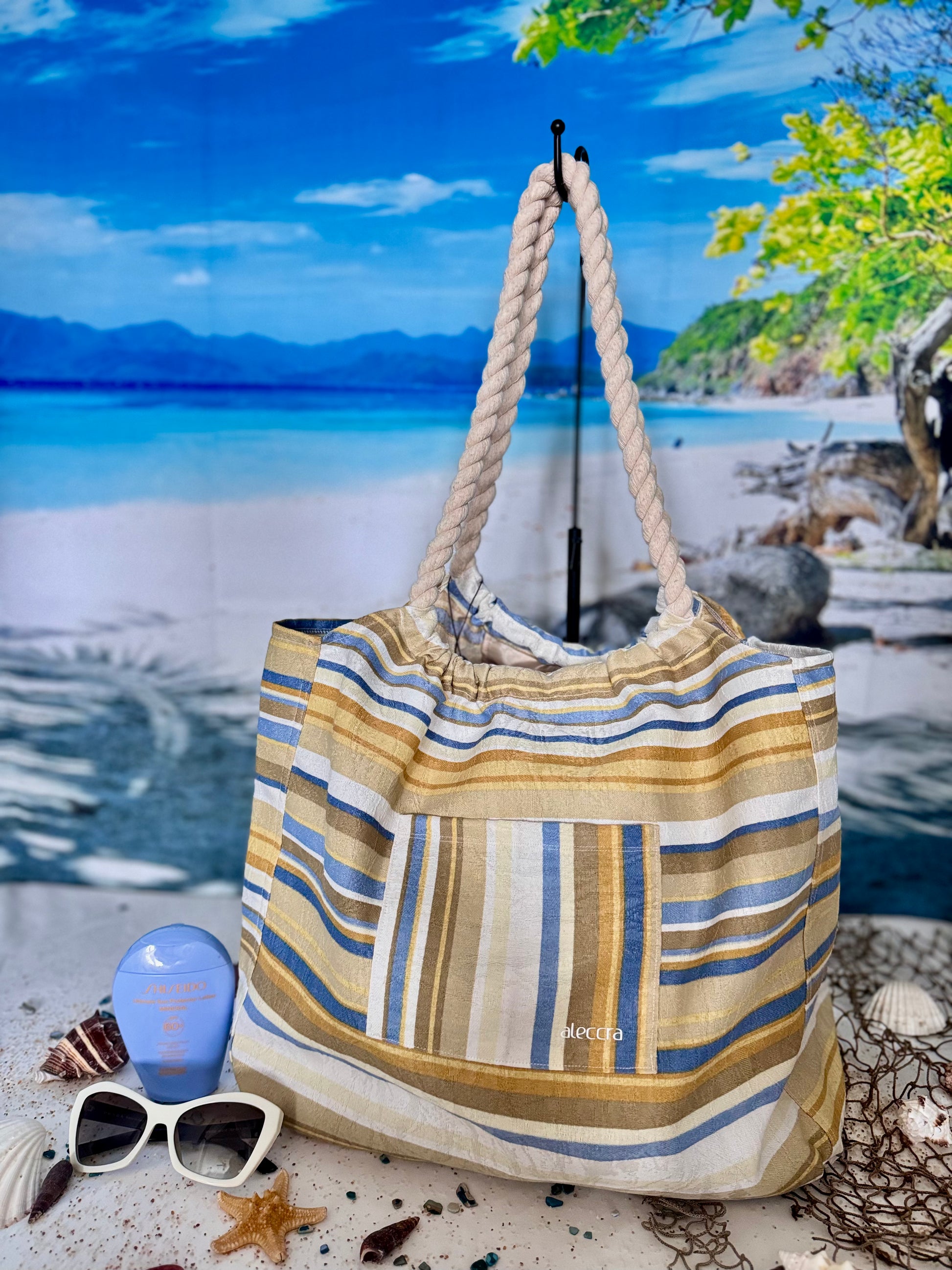 Canvas Beach Bag Waterproof,Yellow Strip 72% Cotton 28%Polyester