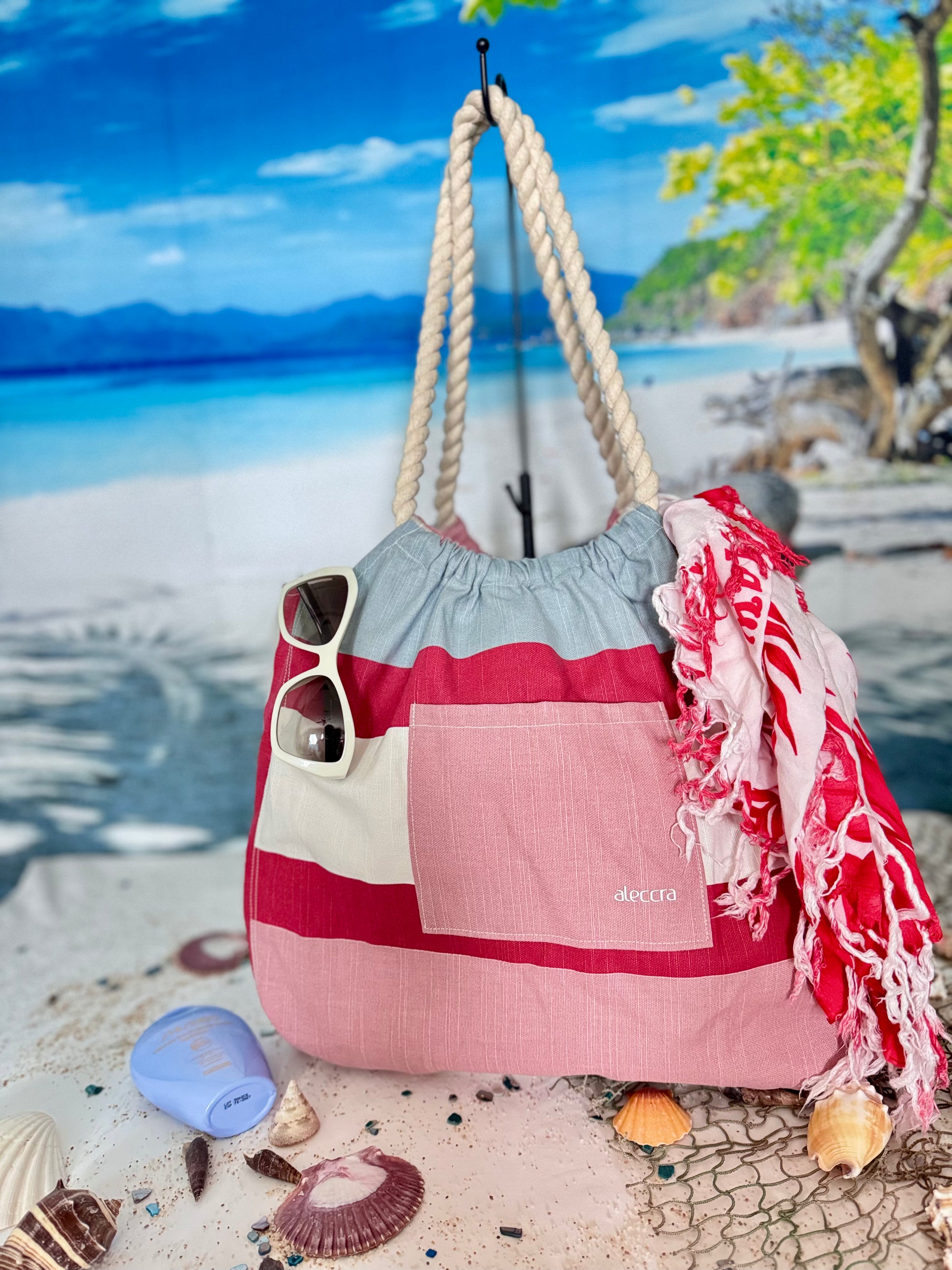Canvas Beach Bag Red Stripe Colors waterproof, Durable Construction 72%Cotton 28%Polyester