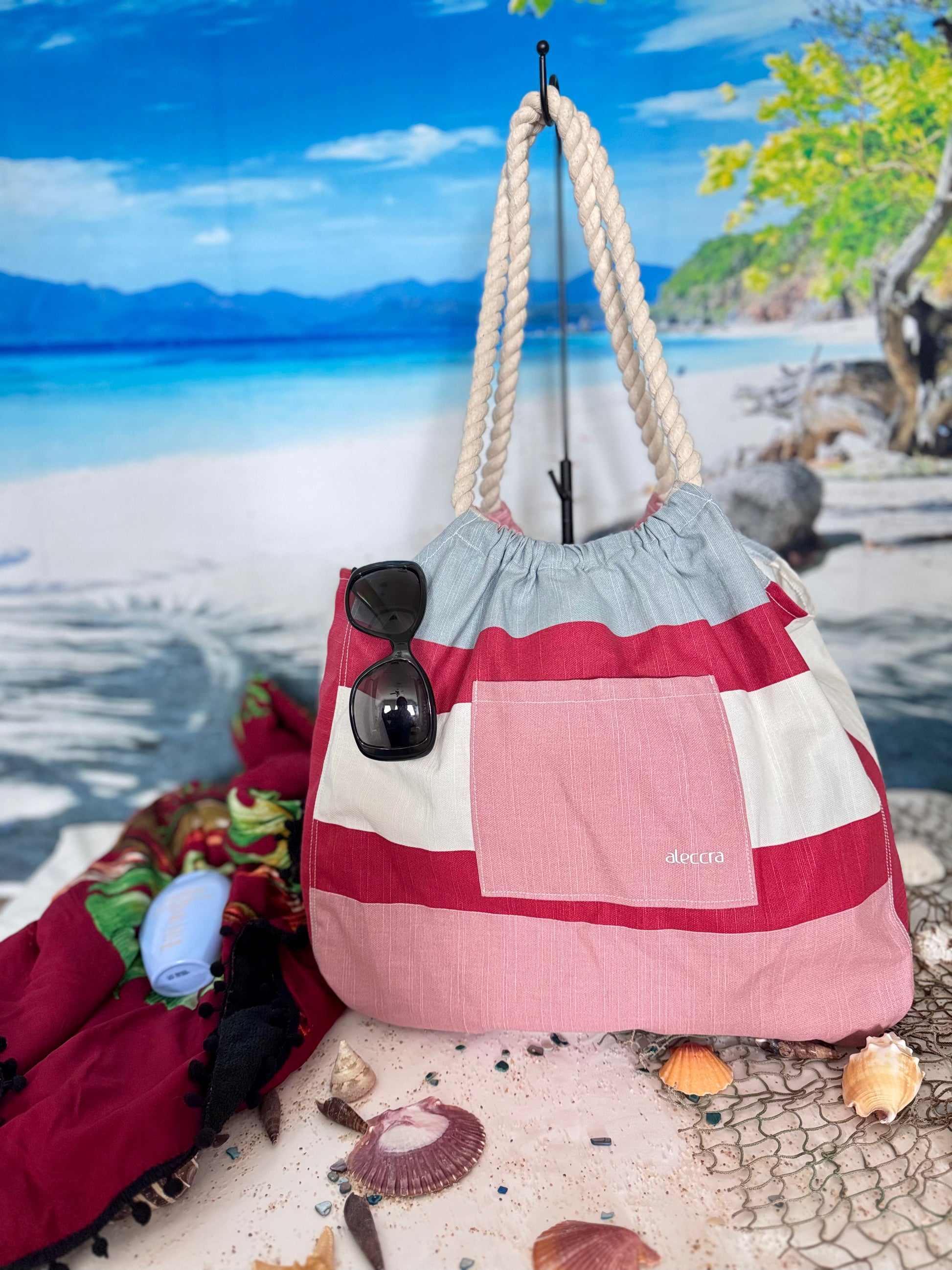 Canvas Beach Bag Red Stripe Colors waterproof, Durable Construction 72%Cotton 28%Polyester