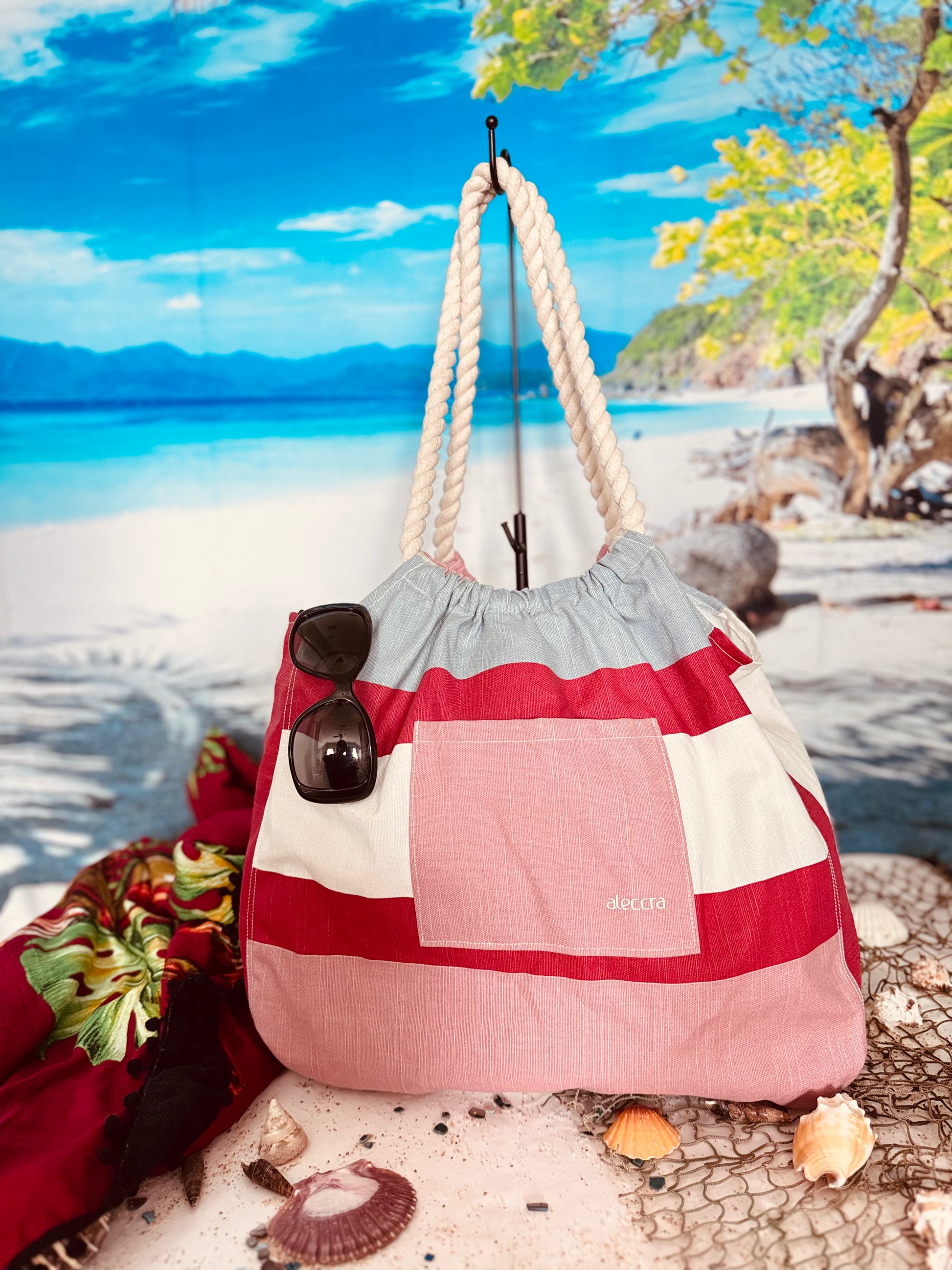 Canvas Beach Bag Red Stripe Colors waterproof, Durable Construction 72%Cotton 28%Polyester