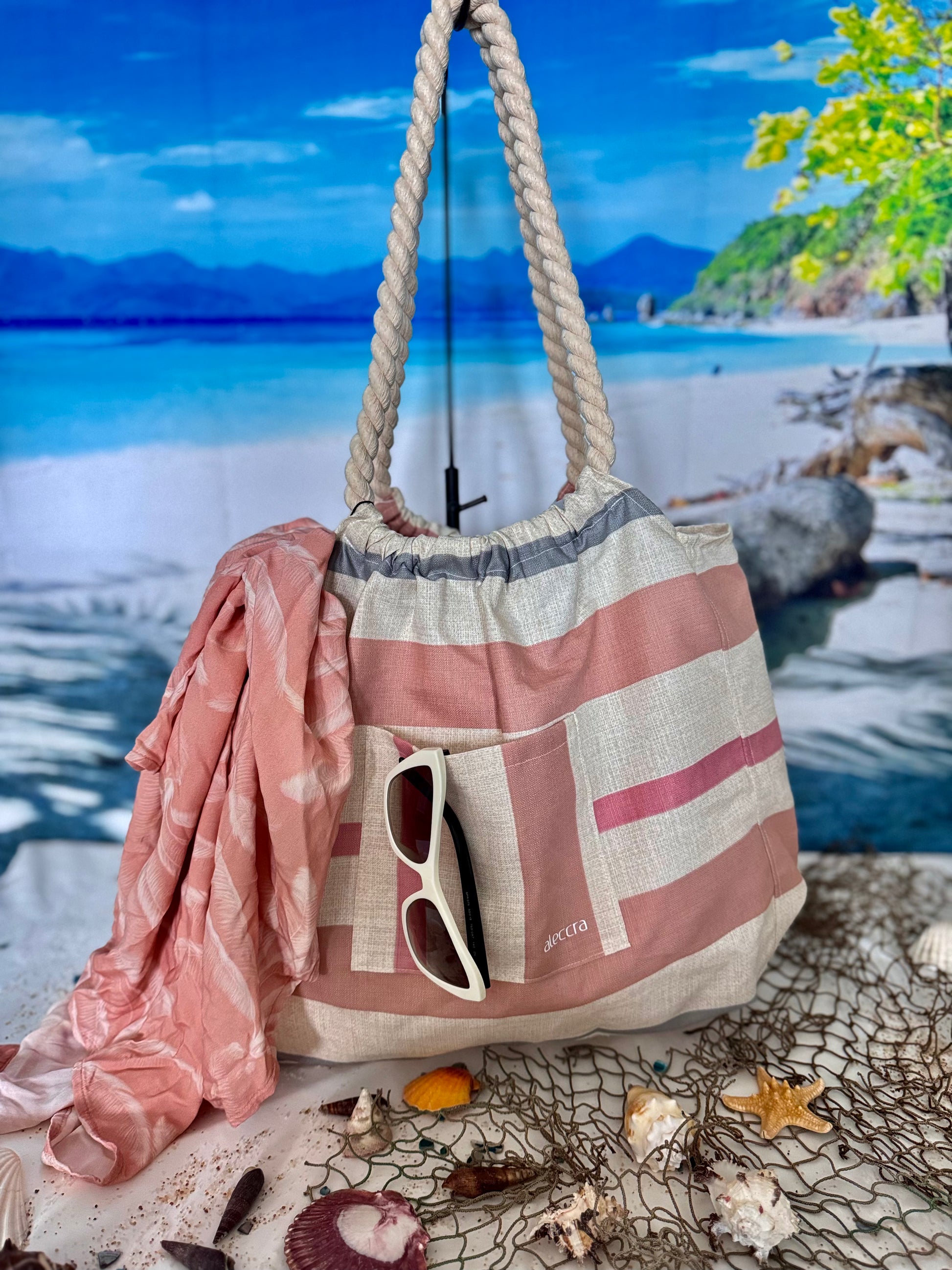 Canvas Beach Bag Waterproof,Pink Strips 72%Cotton 28%Polyester