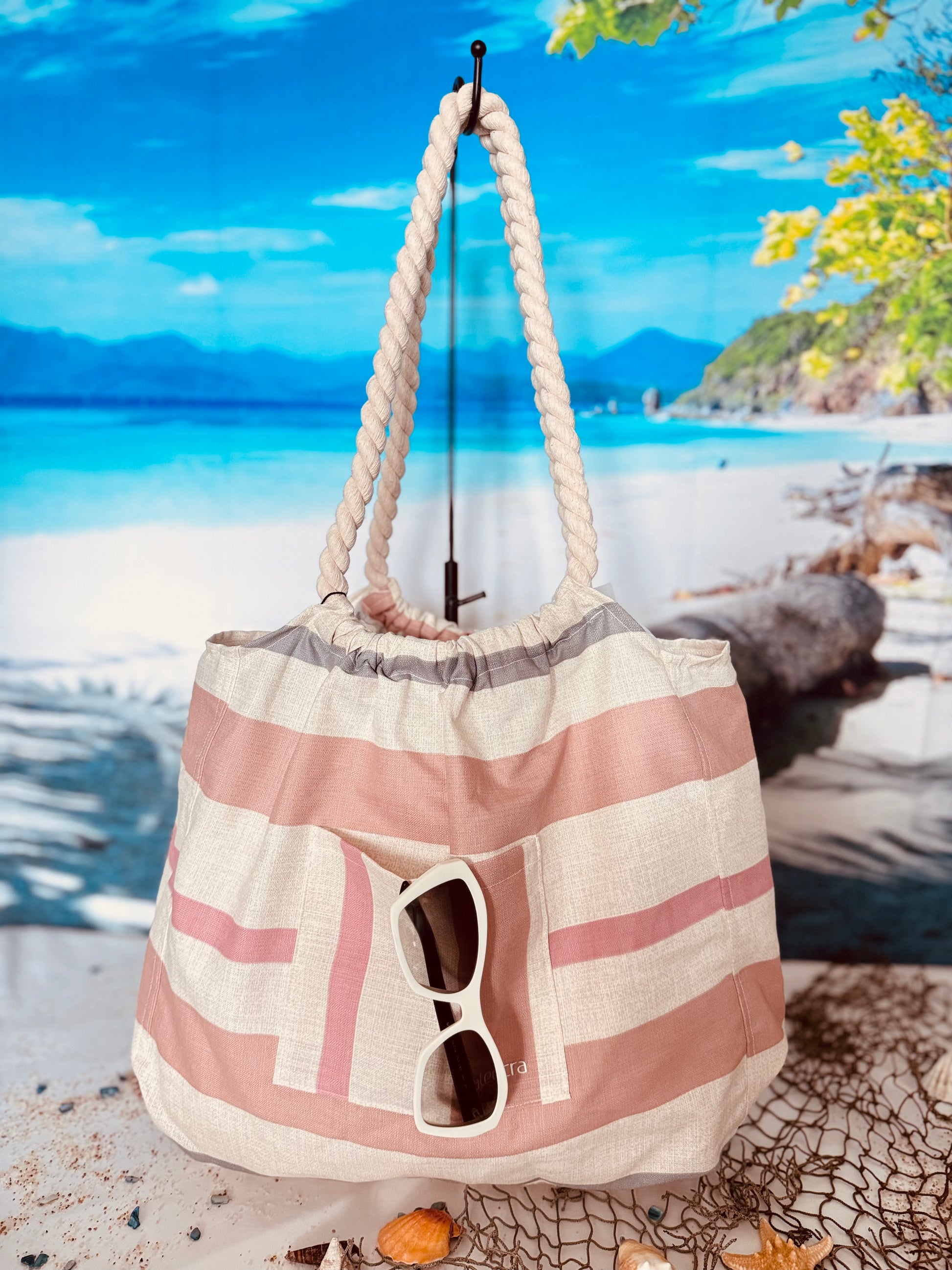 Canvas Beach Bag Waterproof,Pink Strips 72%Cotton 28%Polyester