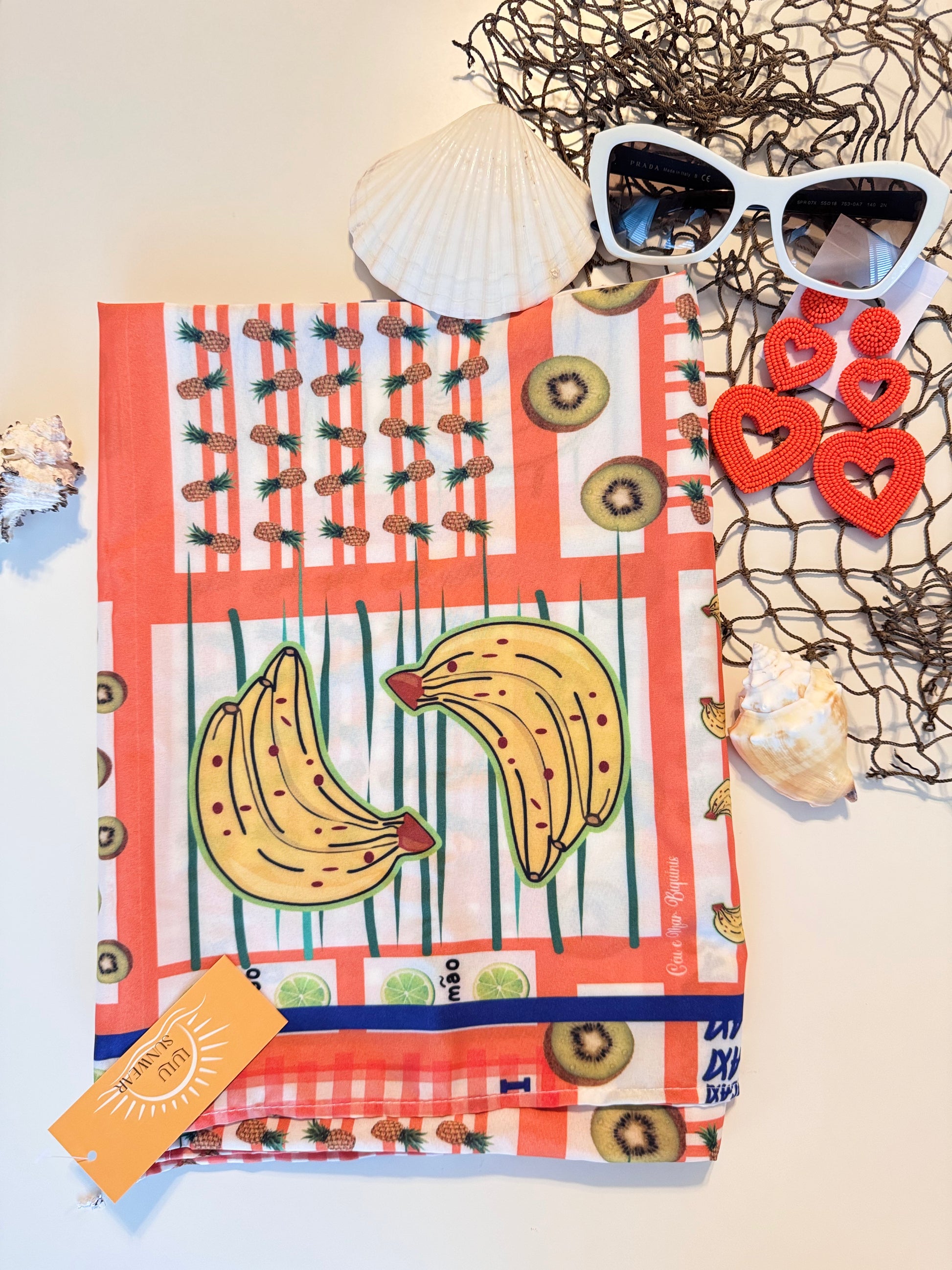 Tropical Fruit Print Satin Beach Wrap – 50” x 38”