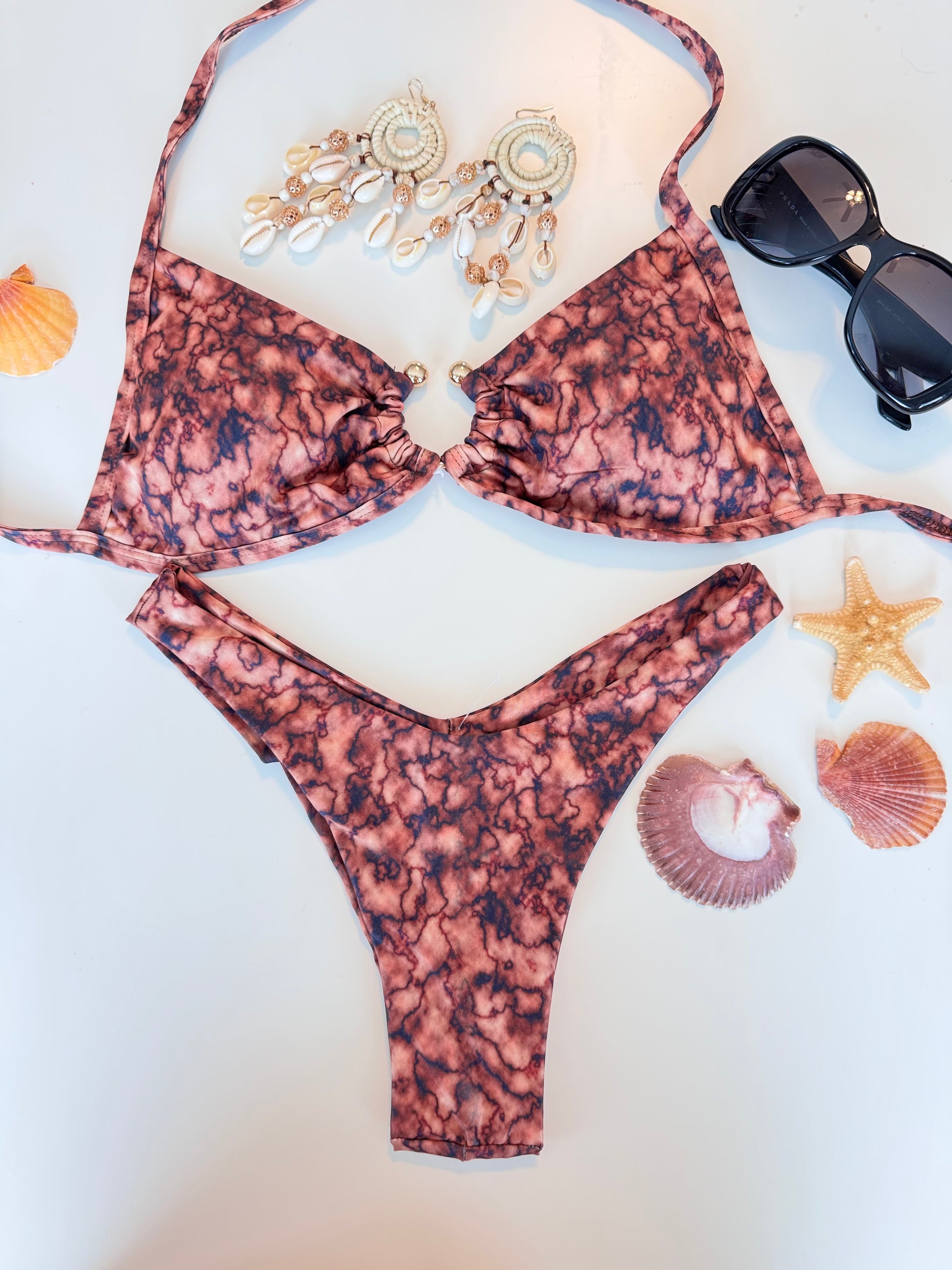 Marbled Print Bikini Set – Stretchy, Comfortable & Earth-Tone Swimwear