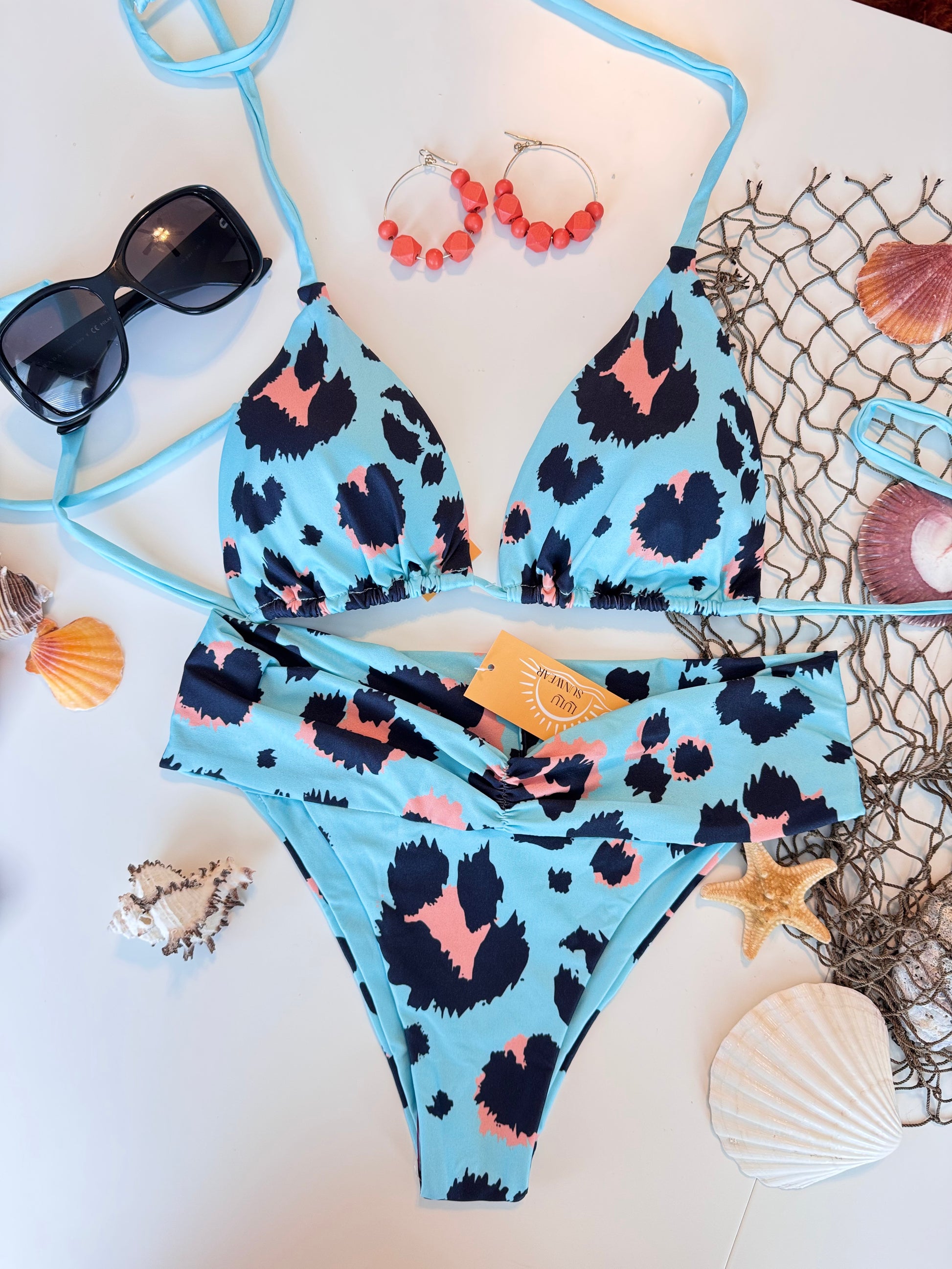Sky Blue Leopard Print Bikini Set – High-Waisted with Adjustable Top