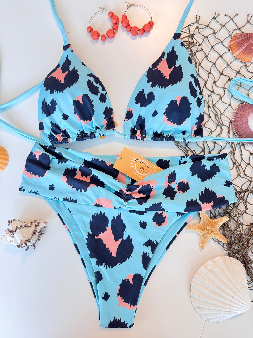 Sky Blue Leopard Print Bikini Set – High-Waisted with Adjustable Top