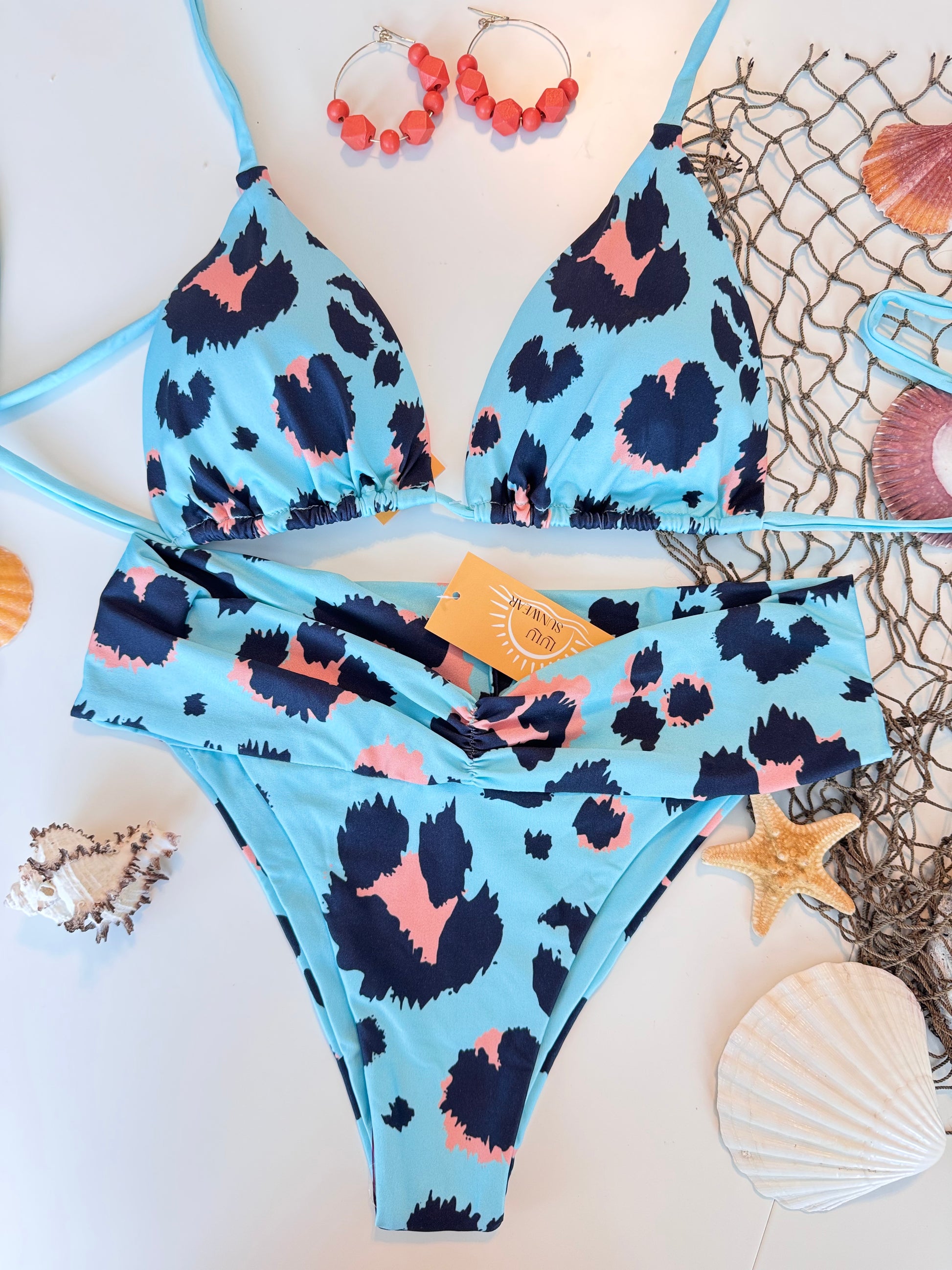 Sky Blue Leopard Print Bikini Set – High-Waisted with Adjustable Top