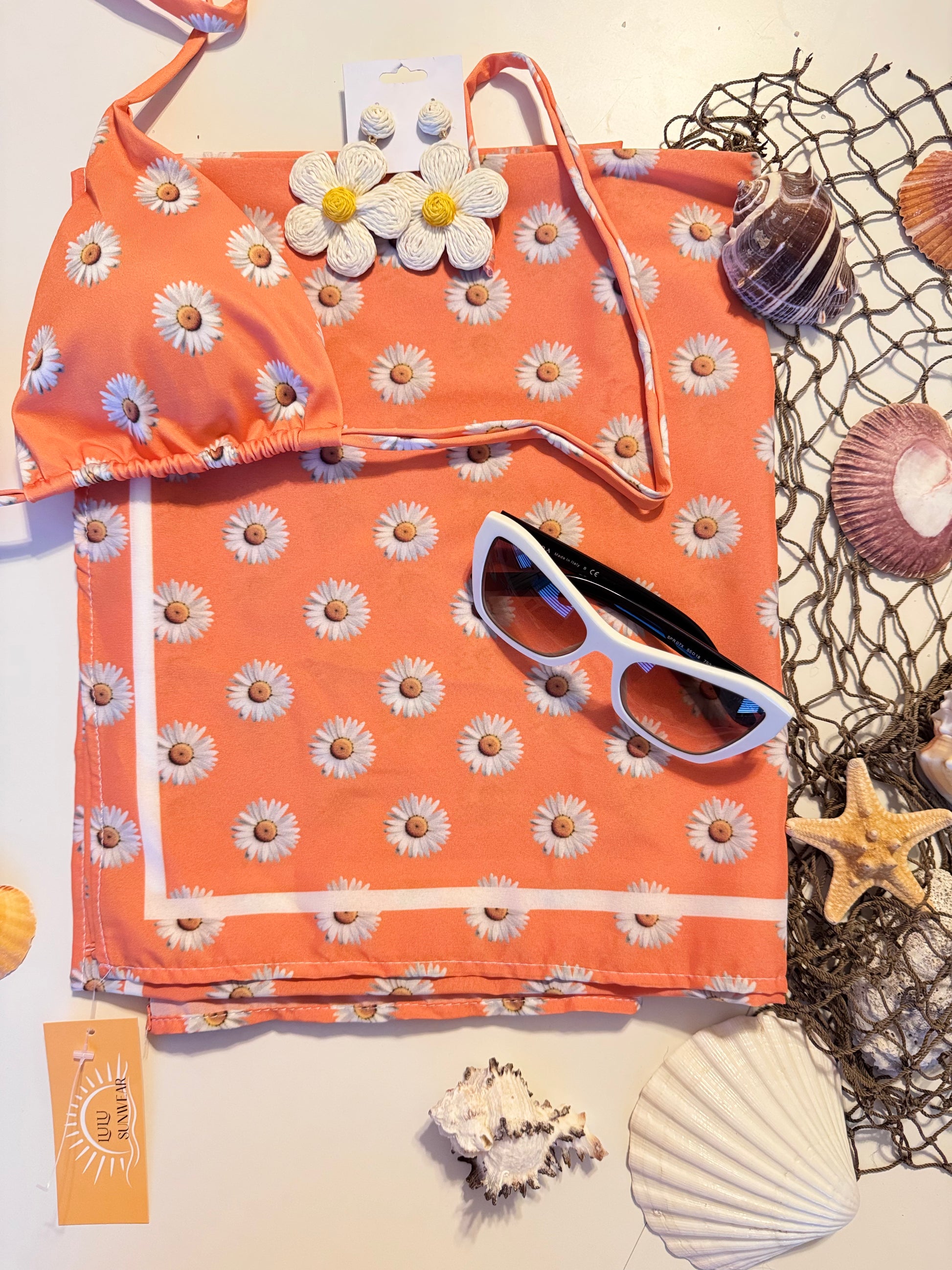 Orange Daisy Print Satin Beach Wrap – 50” x 38”