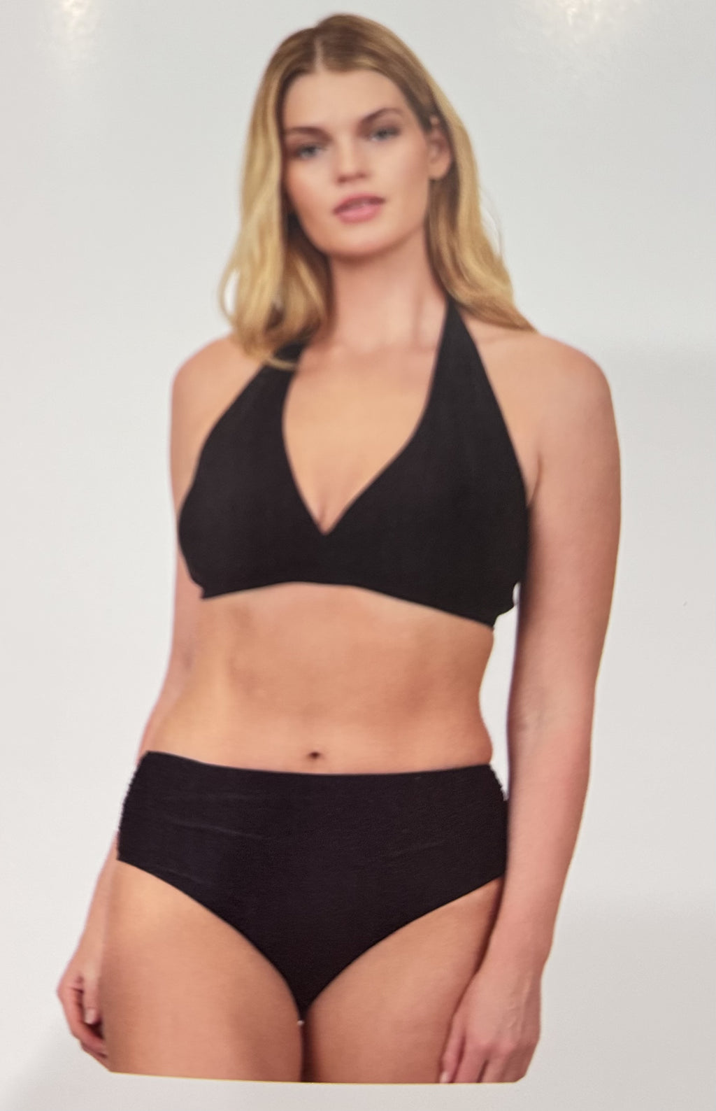Halter Two-Piece Set: Top with tie straps, soft removable cups,shirred hight-waist bottoms,80%Nylon & 20%Spandex