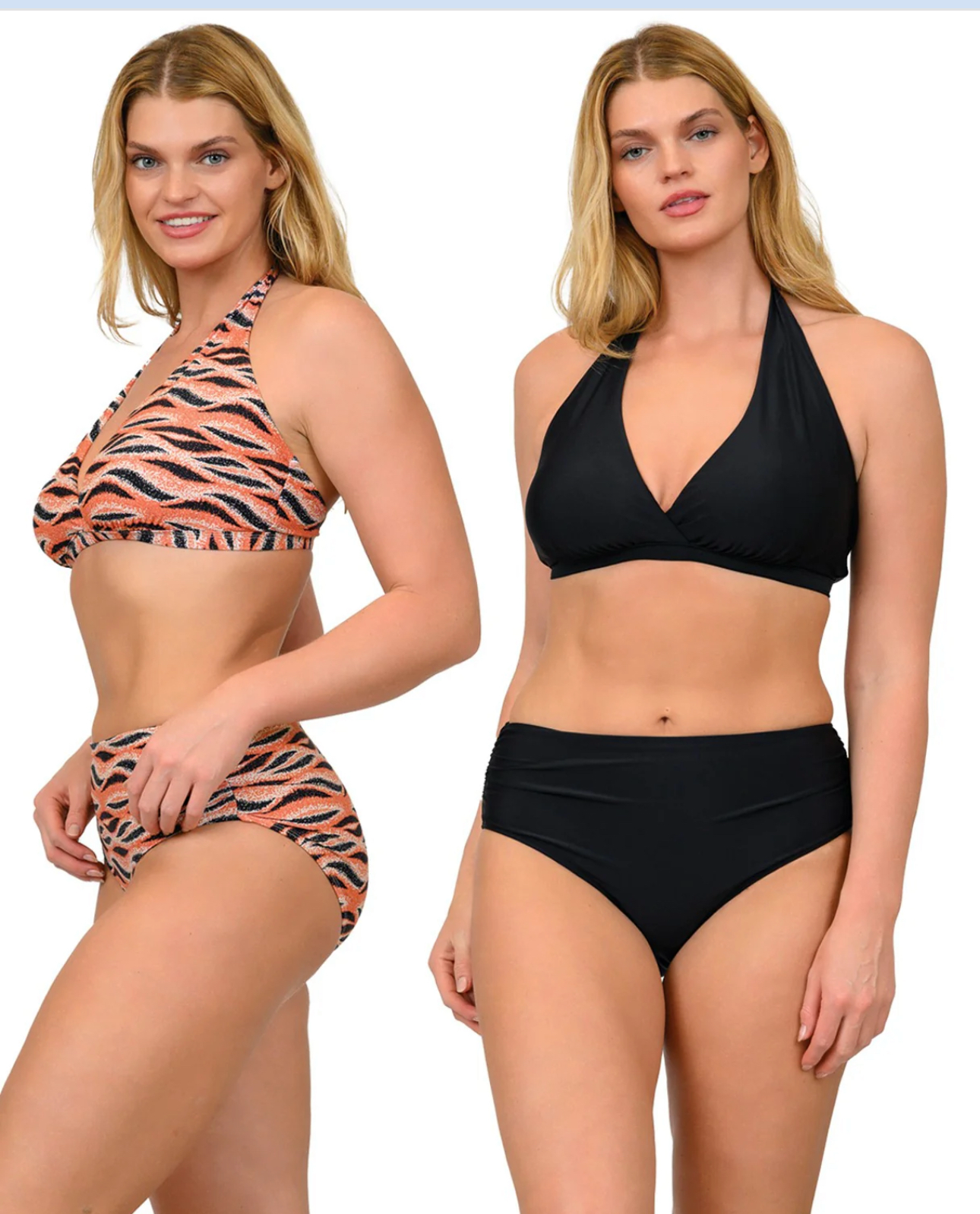 Halter Two-Piece Set: Top with tie straps, soft removable cups,shirred hight-waist bottoms,80%Nylon & 20%Spandex