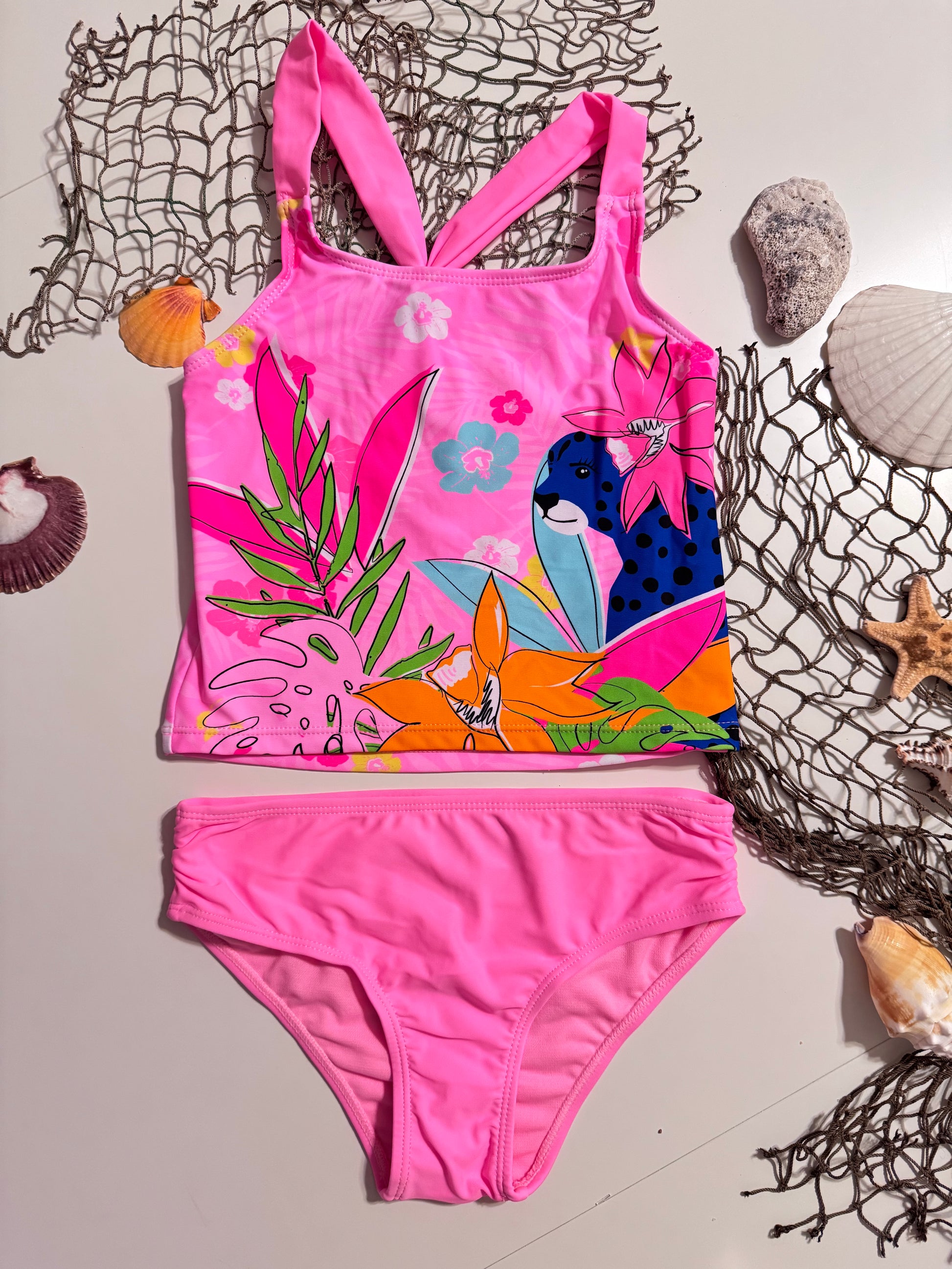GIRL’S TROPICAL PRINT TANKINI PINK COLOR