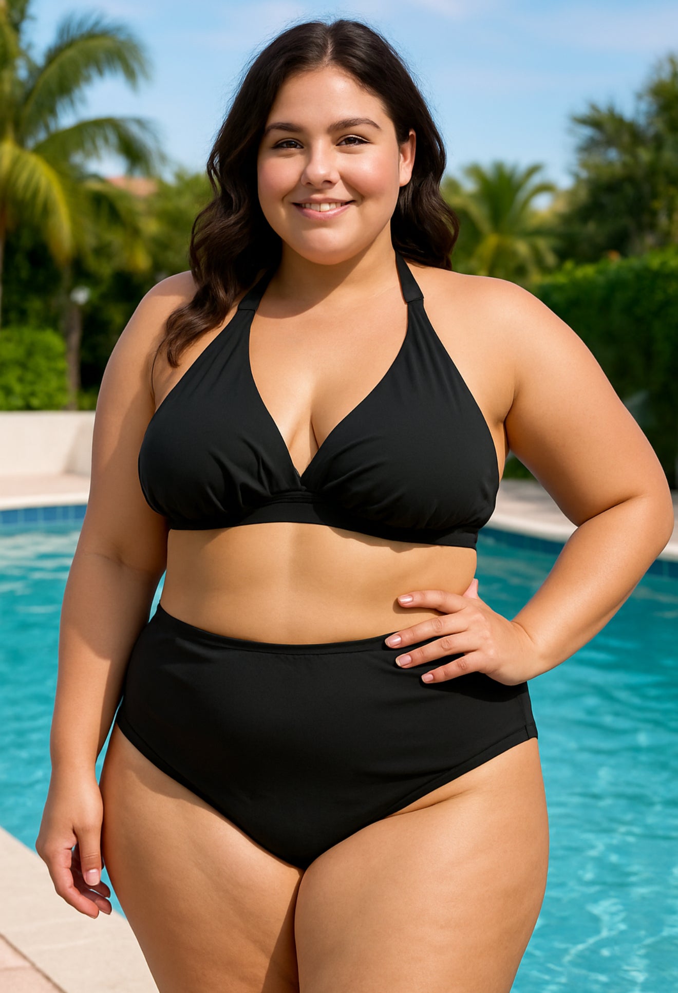 Halter Two-Piece Set: Top with tie straps, soft removable cups,shirred hight-waist bottoms,80%Nylon & 20%Spandex