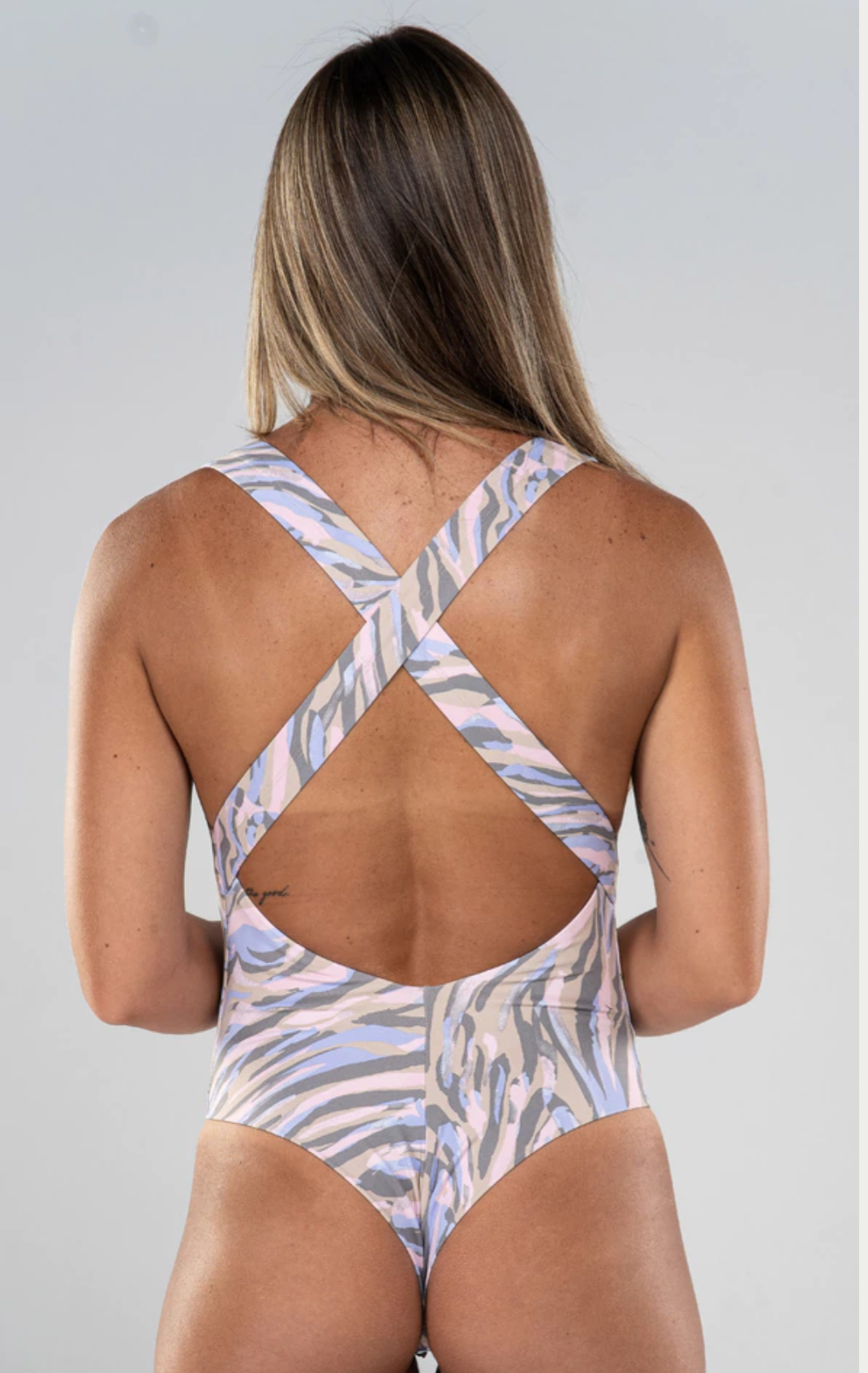 Lilac Camouflage Print Back X Swimsuit  90% Polyester/10% Spandex