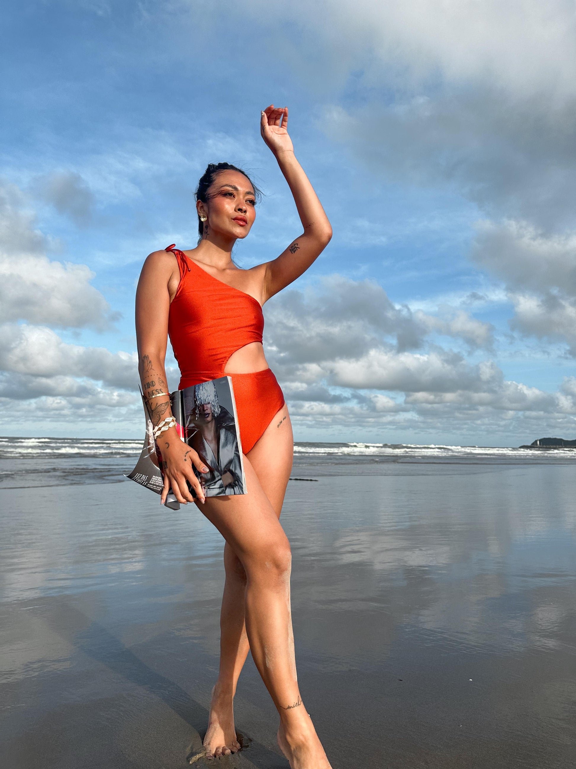 One Shoulder Swimsuit Terracotta 83% Polyester, 17% Spandex